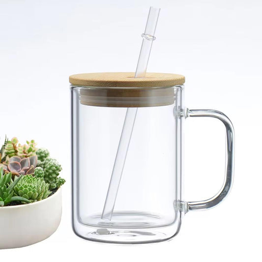 Dubbelwandige Glazen Beker 450ml – Met Deksel & Glazen Rietje